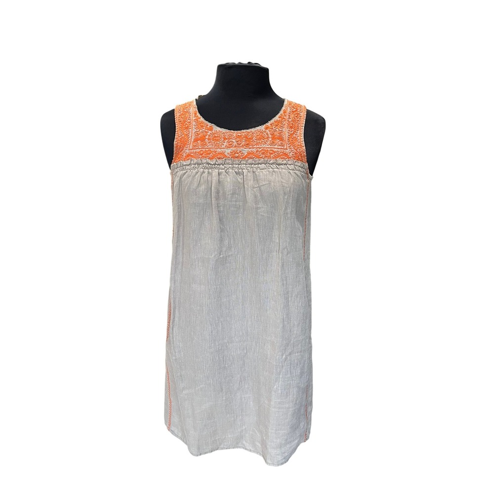 Cotton World Sleeveless Linen Tunic Dress Gray Orange Embroidered Yoke Womens